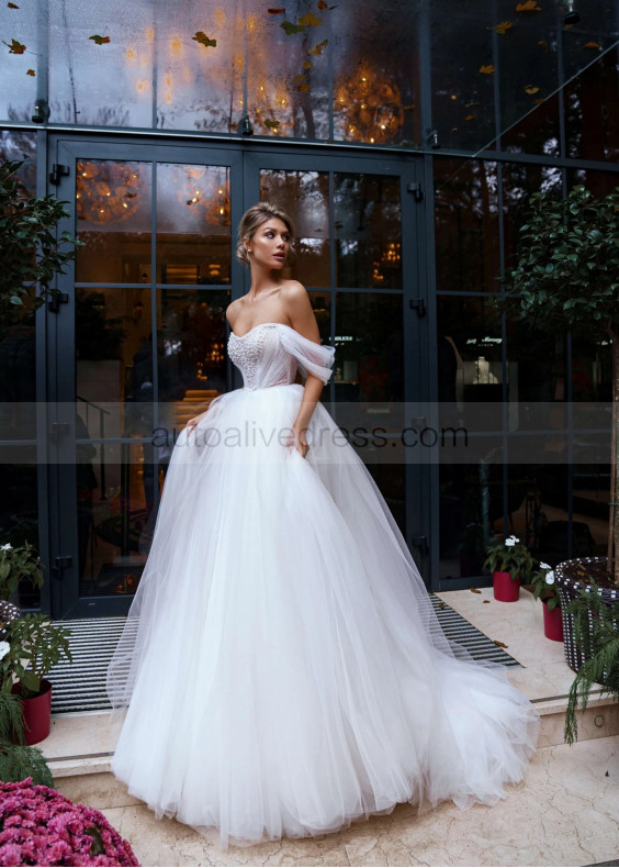 Off Shoulder Beaded White Tulle Princess Wedding Dress